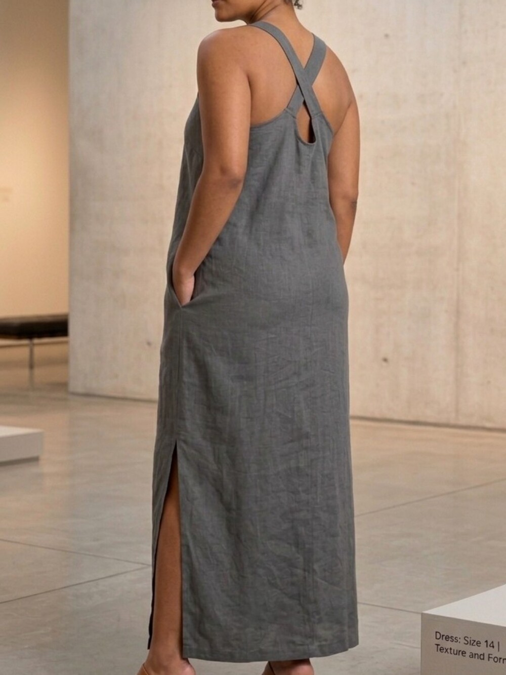 Limited America 100% Linen Cross Back Maxi Dress Size 14 Gray Side Slits